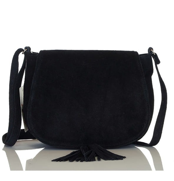 Czarna zamszowa listonoszka z frędzlem