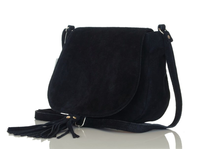 Czarna zamszowa listonoszka z frędzlem