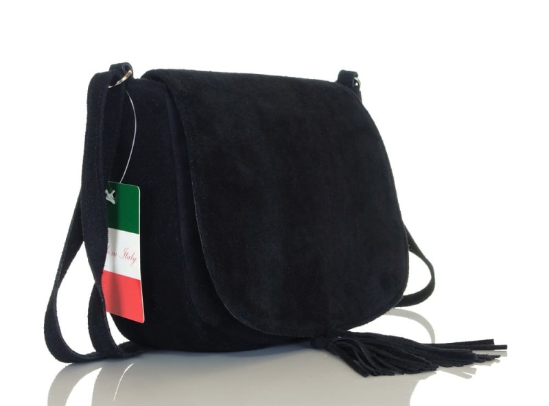 Czarna zamszowa listonoszka z frędzlem