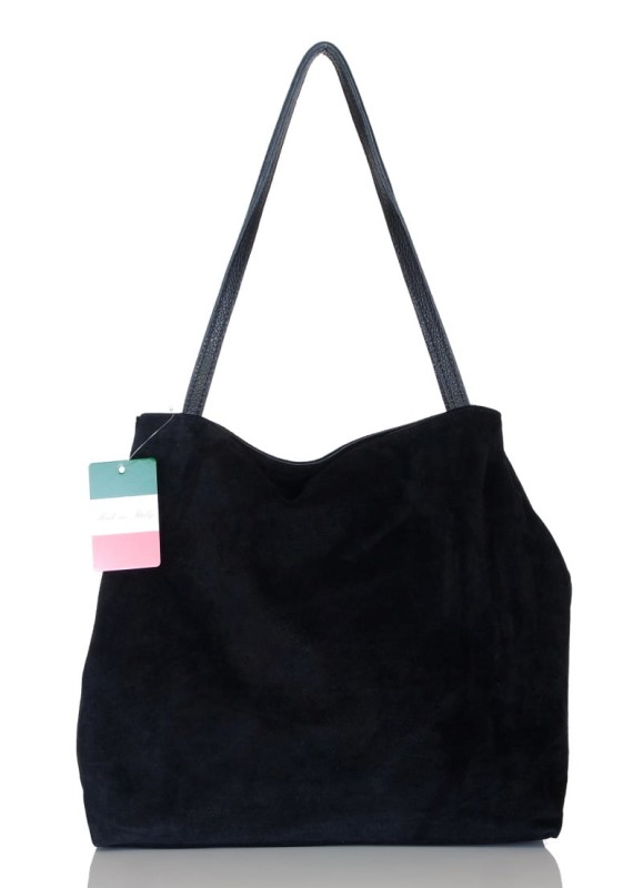 Włoski czarny zamszowy shopper SKÓRA