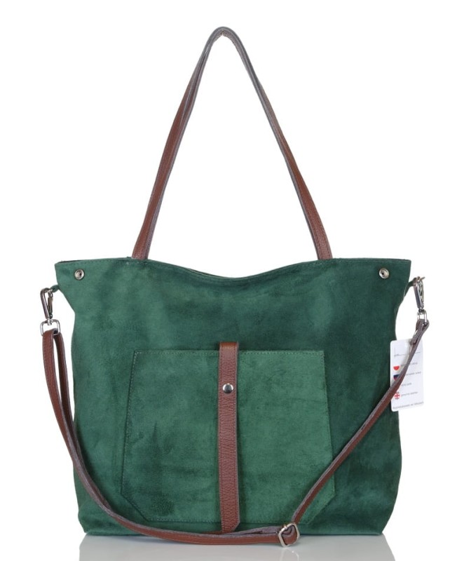Włoski zielony zamszowy shopper SKÓRA