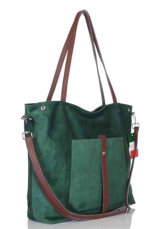 Włoski zielony zamszowy shopper SKÓRA