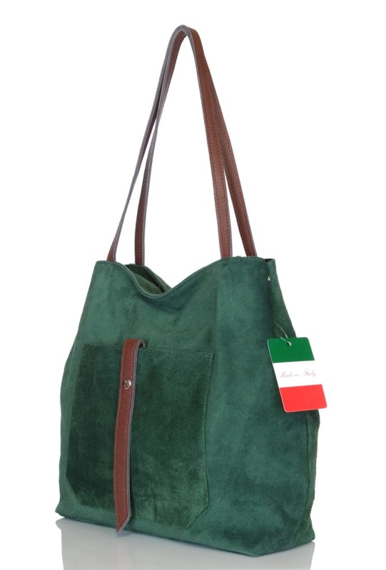 Włoski zielony zamszowy shopper SKÓRA