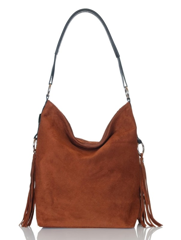 Włoski brązowy zamszowy worek FRĘDZLE