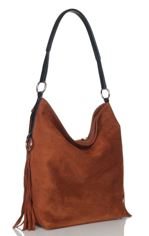 Włoski brązowy zamszowy worek FRĘDZLE