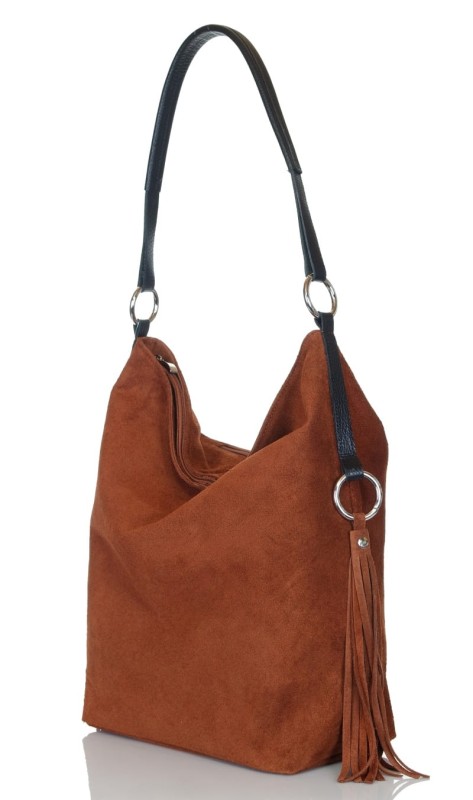 Włoski brązowy zamszowy worek FRĘDZLE