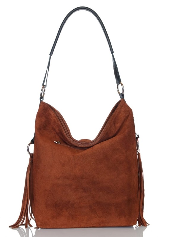 Włoski brązowy zamszowy worek FRĘDZLE