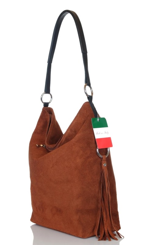 Włoski brązowy zamszowy worek FRĘDZLE