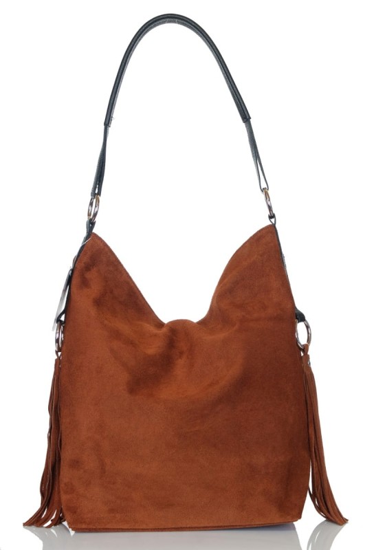 Włoski brązowy zamszowy worek FRĘDZLE