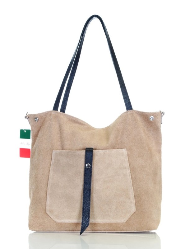 Włoski beżowy zamszowy shopper SKÓRA