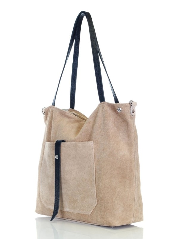 Włoski beżowy zamszowy shopper SKÓRA