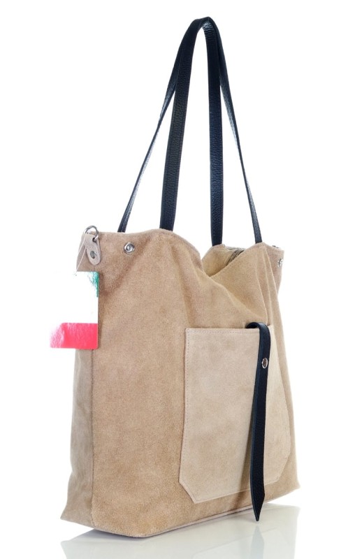 Włoski beżowy zamszowy shopper SKÓRA