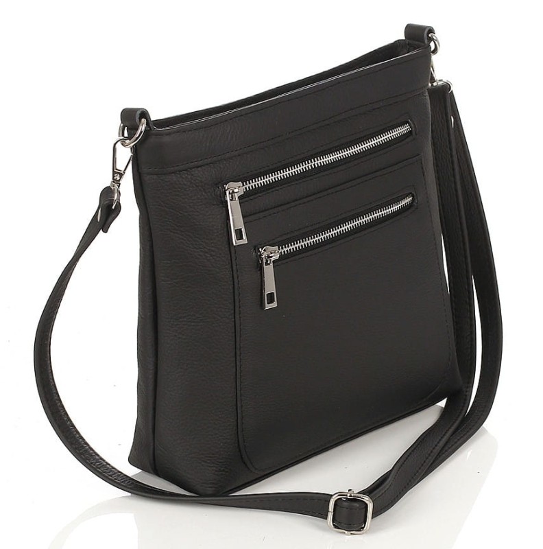 Vera Pelle Czarna skórzana torebka listonoszka z kieszonkami