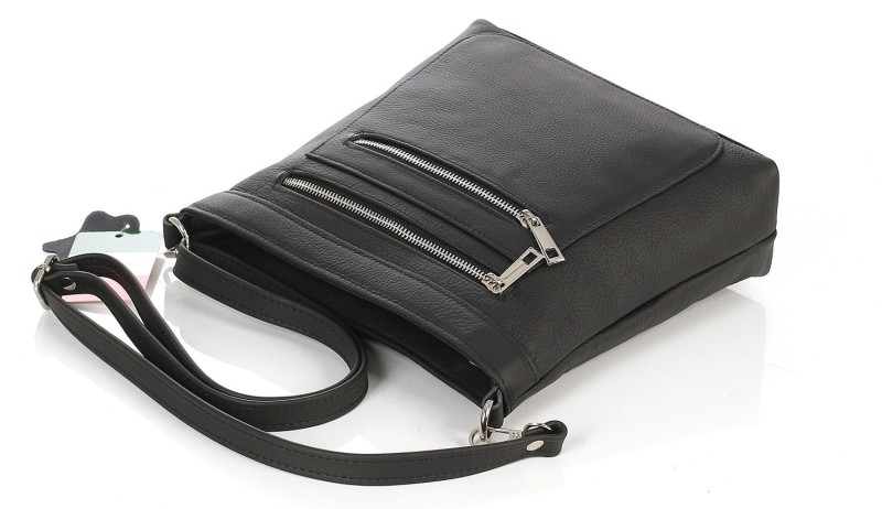 Vera Pelle Czarna skórzana torebka listonoszka z kieszonkami