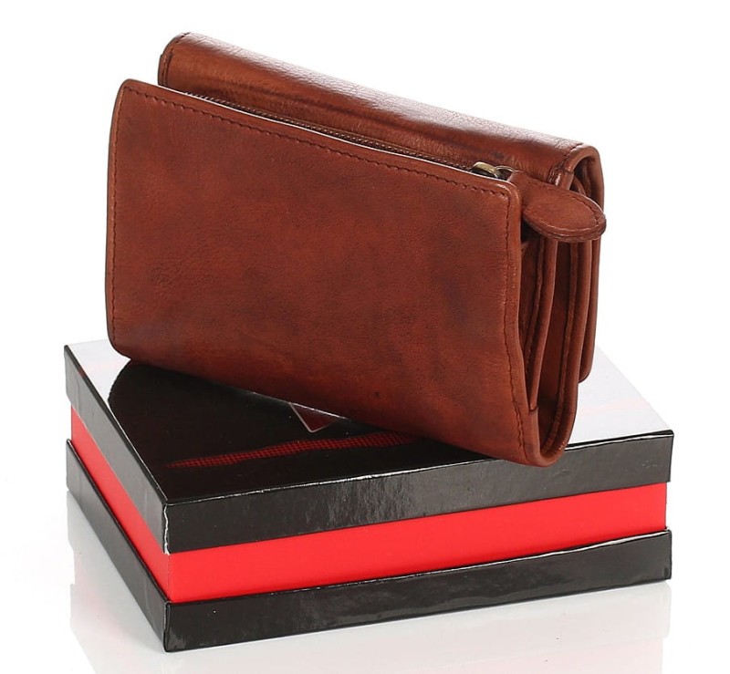 Cudowny skórzany portfel damski brązowy Indyjska skóra