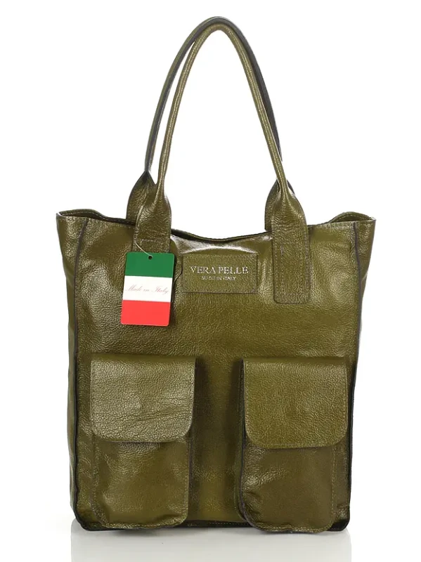VERA PELLE Torebka skórzana shopper bag włoska zielona