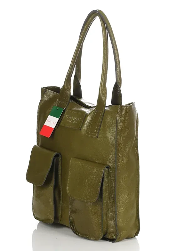 VERA PELLE Torebka skórzana shopper bag włoska zielona