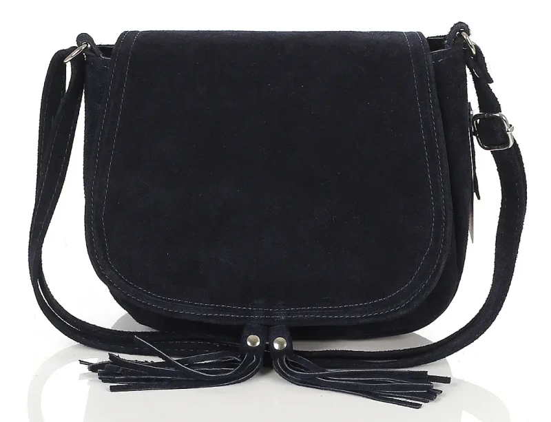 Granatowa zamszowa torebka listonoszka z frędzlem