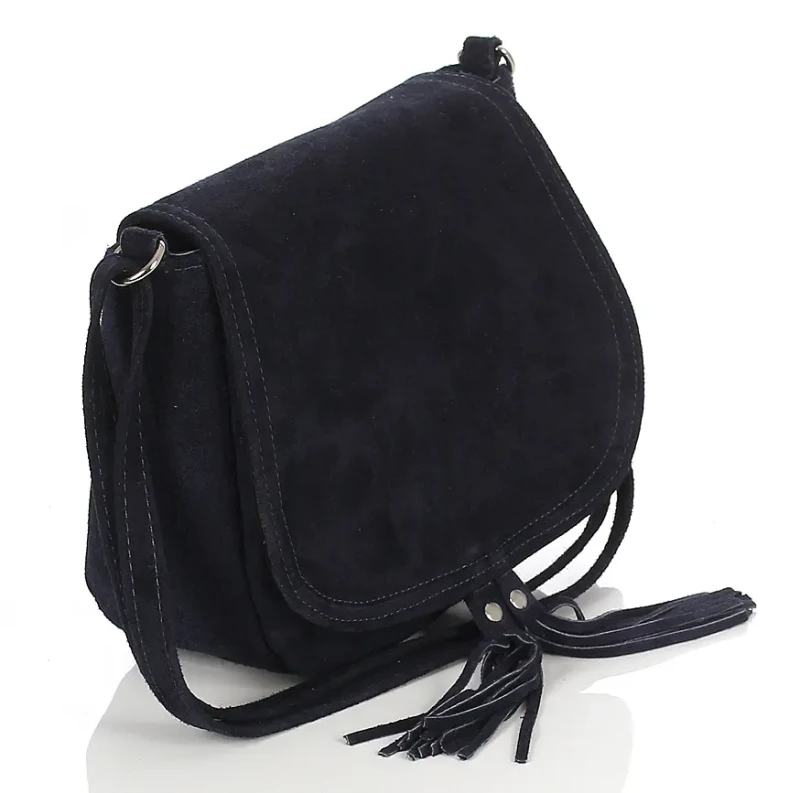 Granatowa zamszowa torebka listonoszka z frędzlem