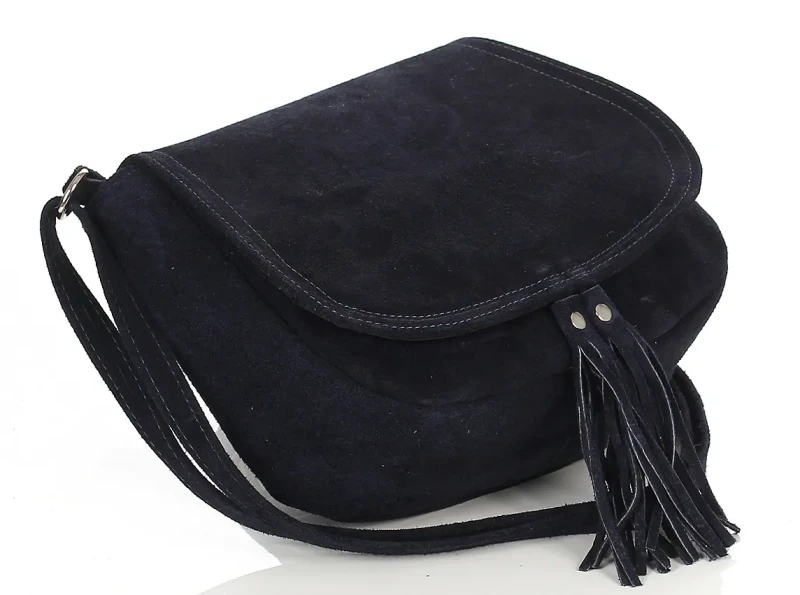 Granatowa zamszowa torebka listonoszka z frędzlem