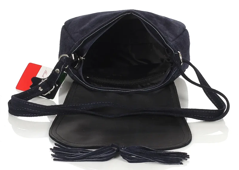 Granatowa zamszowa torebka listonoszka z frędzlem