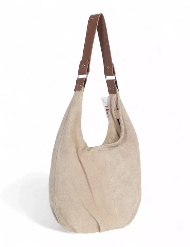 VERA PELLE Włoski beżowy zamszowy worek z brązowym wykończeniem ZJ11