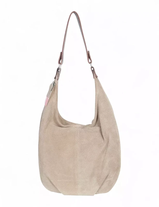 VERA PELLE Włoski beżowy zamszowy worek z brązowym wykończeniem ZJ11