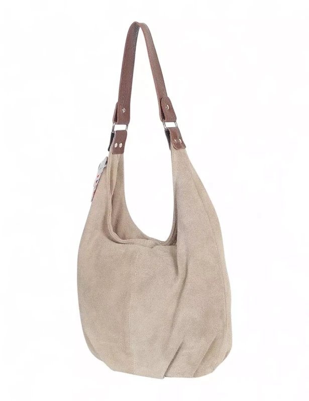 VERA PELLE Włoski beżowy zamszowy worek z brązowym wykończeniem ZJ11