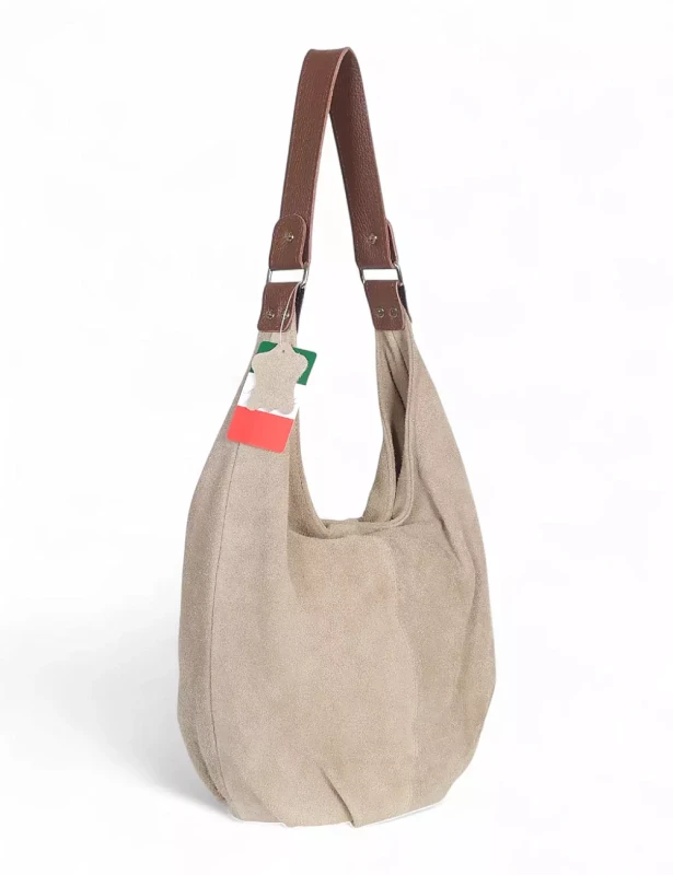 VERA PELLE Włoski beżowy zamszowy worek z brązowym wykończeniem ZJ11