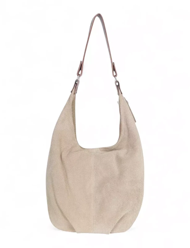 VERA PELLE Włoski beżowy zamszowy worek z brązowym wykończeniem ZJ11