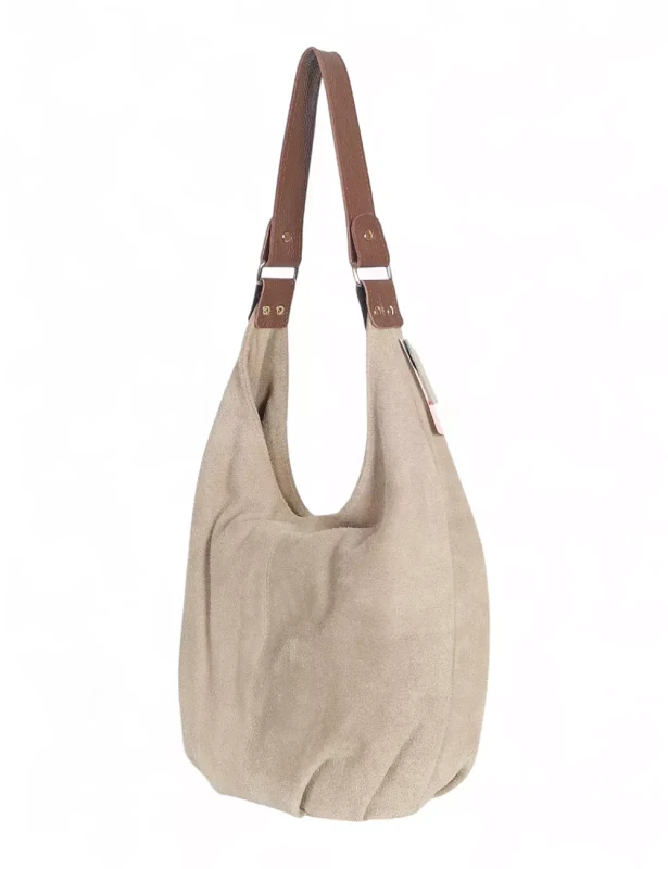 VERA PELLE Włoski beżowy zamszowy worek z brązowym wykończeniem ZJ11