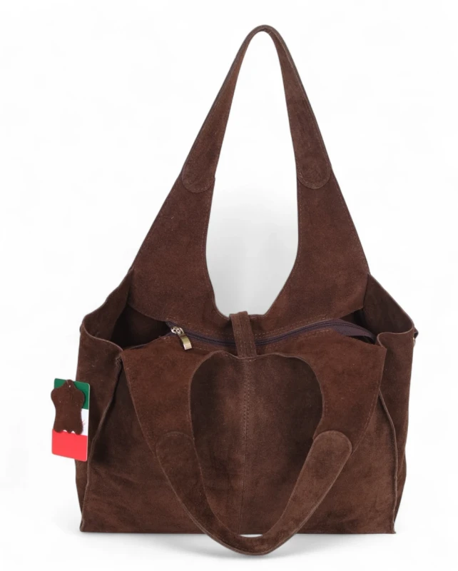 Torebka zamszowa Vera Pelle – duża torba shopper z naturalnego włoskiego zamszu