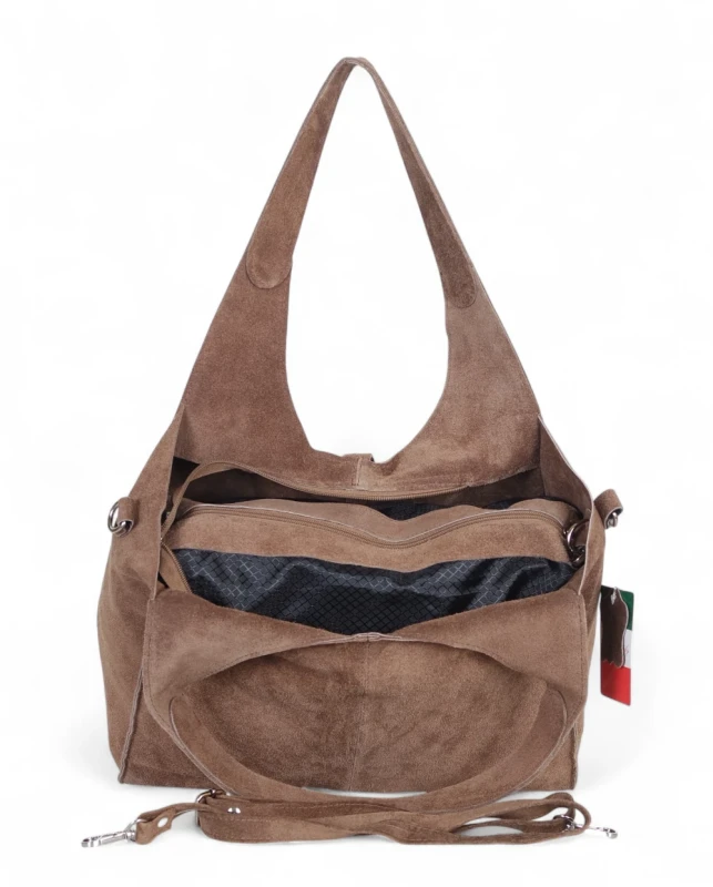 Torebka zamszowa Vera Pelle – duża torba shopper z naturalnego włoskiego zamszu