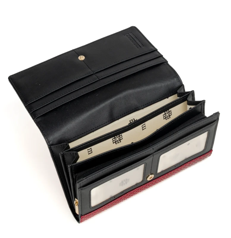 Duży portfel damski skórzany Monnari czerwony lakier wężowa faktura – elegancki i praktyczny