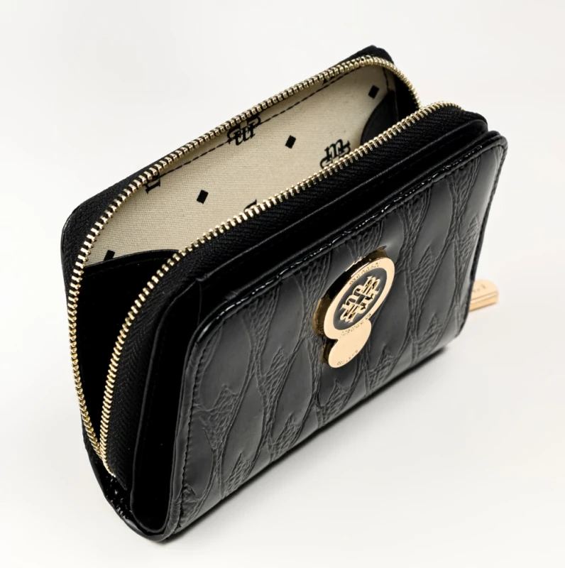 Zgrabny portfel damski skórzany Monnari czarny lakier skóra węża – elegancki i praktyczny