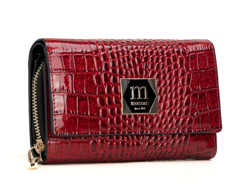 Średni portfel damski skórzany Monnari czerwony brokat krokodyl – elegancki i praktyczny