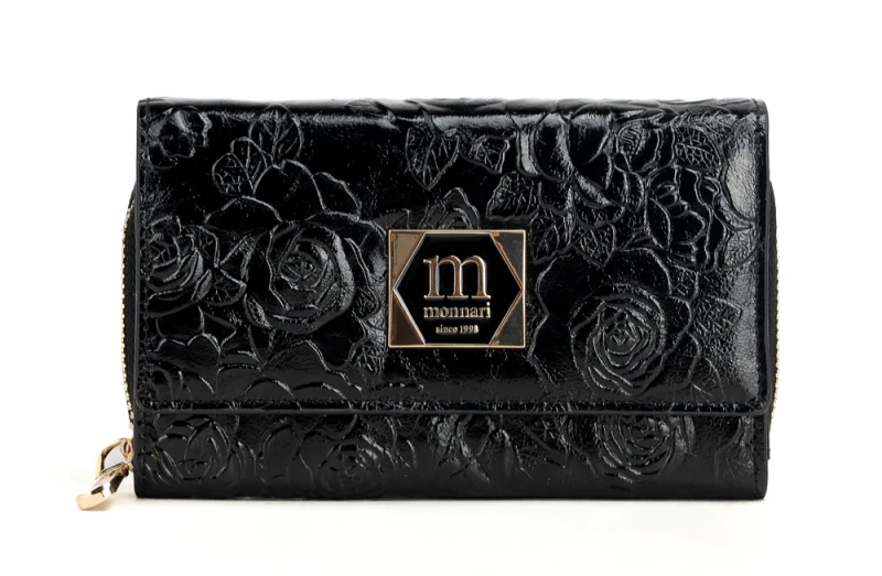 Średni portfel damski skórzany Monnari czarny kwiaty – elegancki i praktyczny