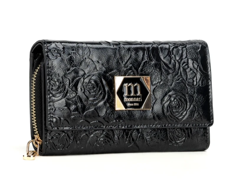 Średni portfel damski skórzany Monnari czarny kwiaty – elegancki i praktyczny