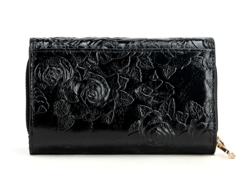 Średni portfel damski skórzany Monnari czarny kwiaty – elegancki i praktyczny