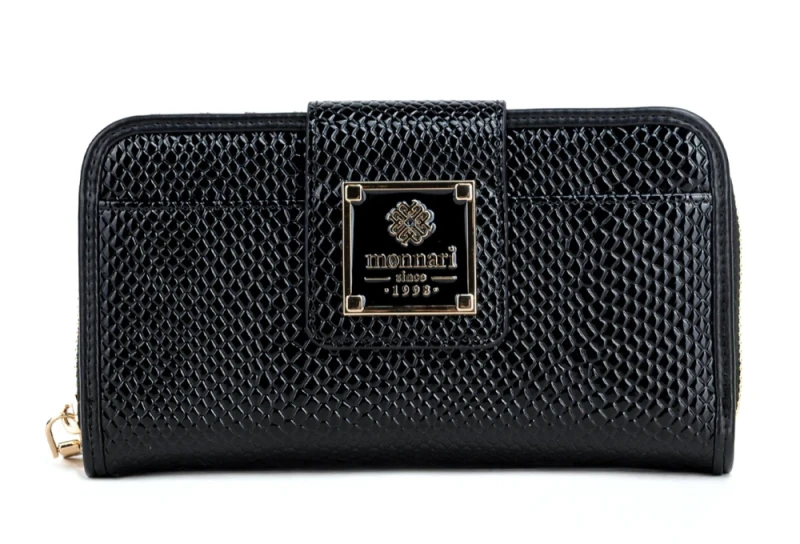 Portfel damski Monnari czarny lakier – elegancki portfel ze skóry ekologicznej w wzór węża