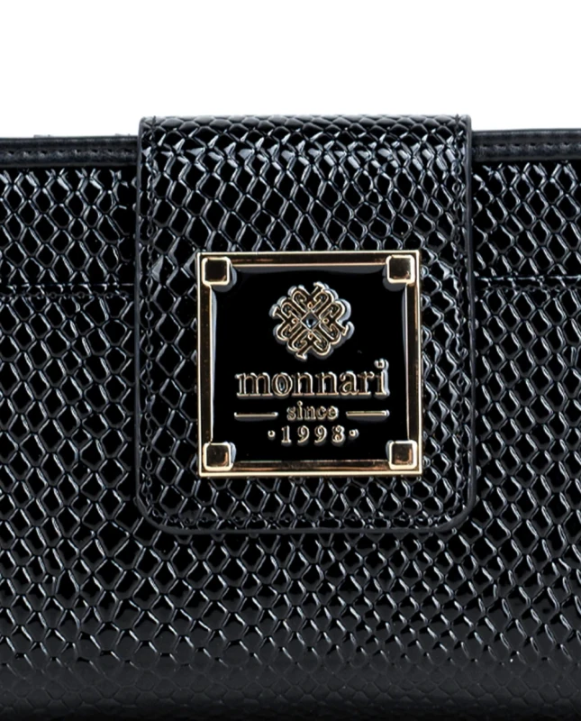Portfel damski Monnari czarny lakier – elegancki portfel ze skóry ekologicznej w wzór węża