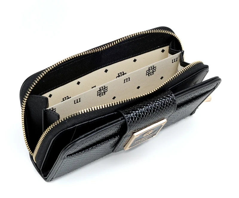 Portfel damski Monnari czarny lakier – elegancki portfel ze skóry ekologicznej w wzór węża