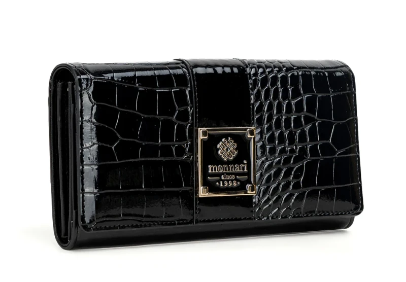 Portfel damski Monnari czarny lakier krokodyl – elegancki portfel ze skóry ekologicznej