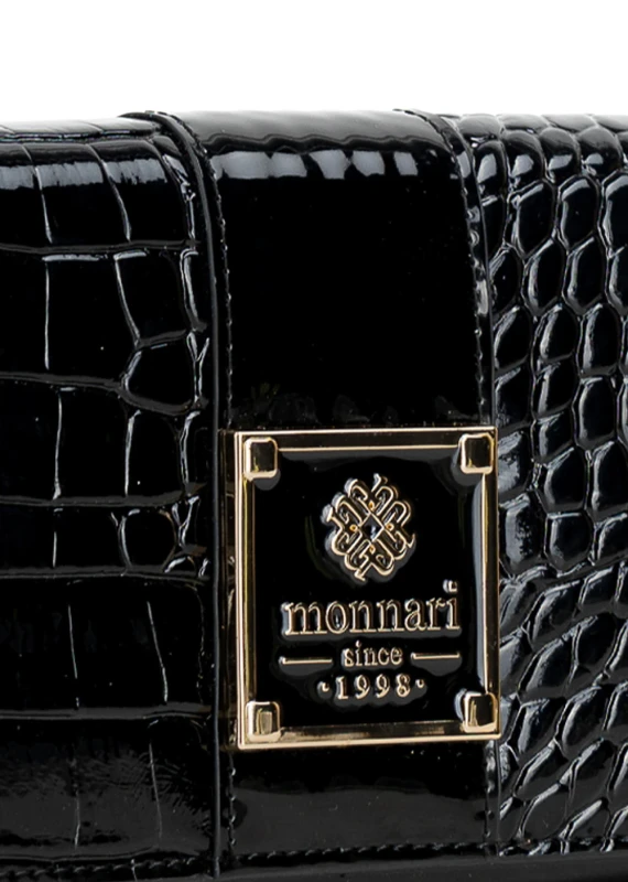 Portfel damski Monnari czarny lakier krokodyl – elegancki portfel ze skóry ekologicznej