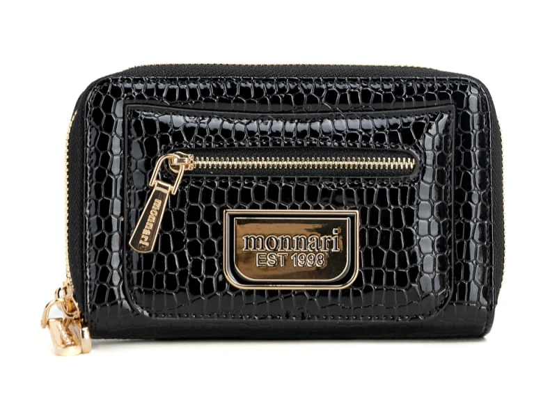 Portfel damski Monnari czarny lakier wąż – elegancki portfel ze skóry ekologicznej, dwukomorowy i praktyczny