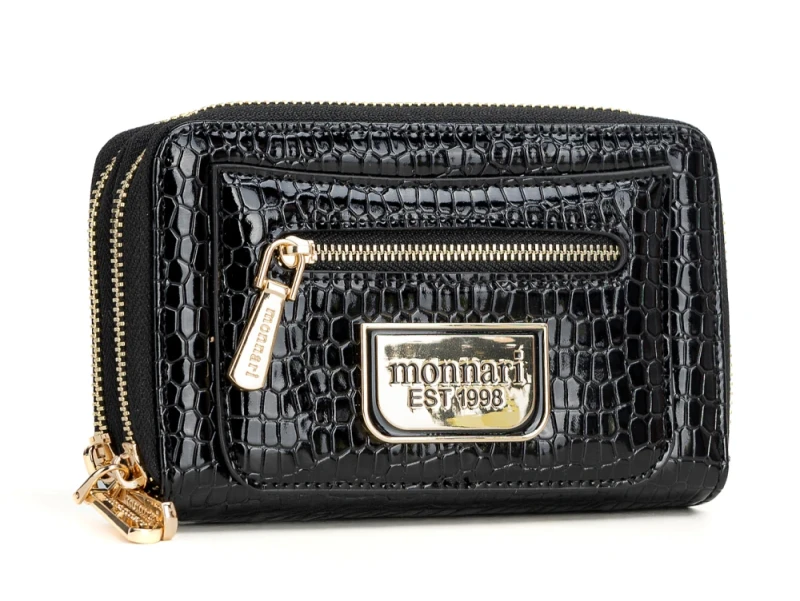 Portfel damski Monnari czarny lakier wąż – elegancki portfel ze skóry ekologicznej, dwukomorowy i praktyczny