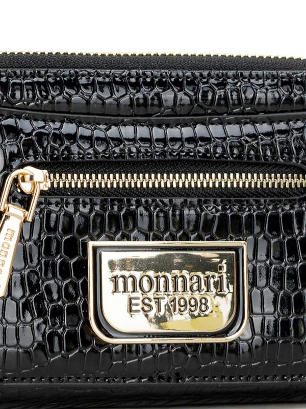 Portfel damski Monnari czarny lakier wąż – elegancki portfel ze skóry ekologicznej, dwukomorowy i praktyczny