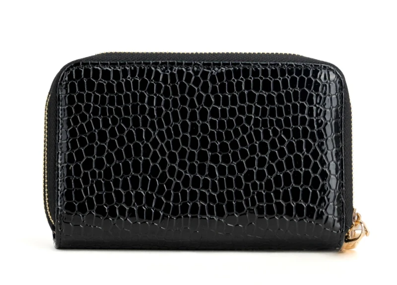 Portfel damski Monnari czarny lakier wąż – elegancki portfel ze skóry ekologicznej, dwukomorowy i praktyczny