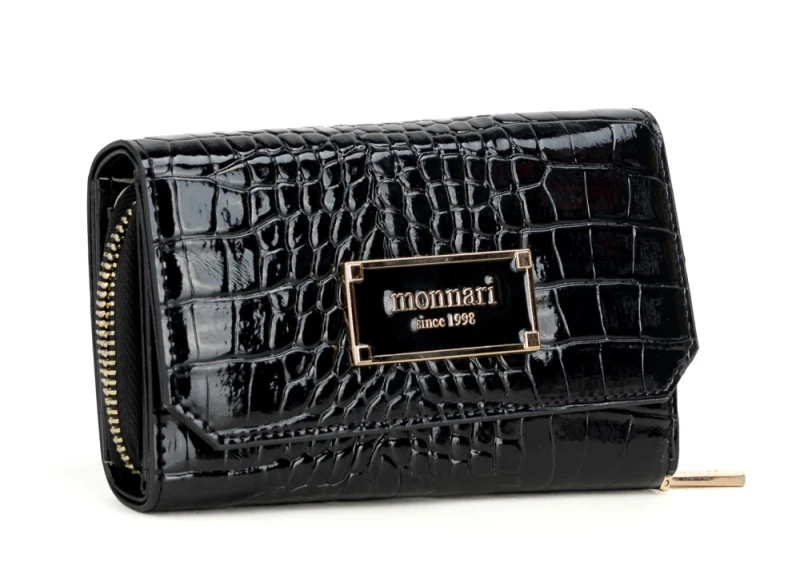 Portfel damski Monnari czarny lakier wąż – elegancki i praktyczny portfel ze skóry ekologicznej