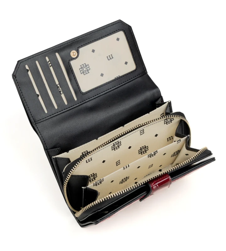 Portfel damski Monnari czerwony lakier wąż – elegancki portfel ze skóry ekologicznej